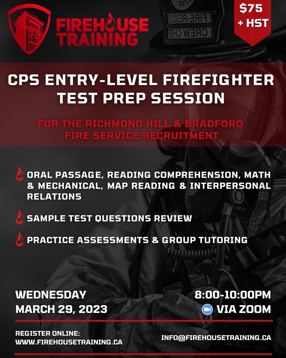 FirehouseTrain1's tweet photo. Did you receive your invite to write the CPS Entry Level Firefighter Aptitude Test coming up for Richmond Hill or Bradford Fire? Next Wednesday, March 29th we will cover a full practice review. Email info@firehousetraining.ca to register!📚#linkinbio #cpstest #firefighter https://t.co/4pBoTL3YC4