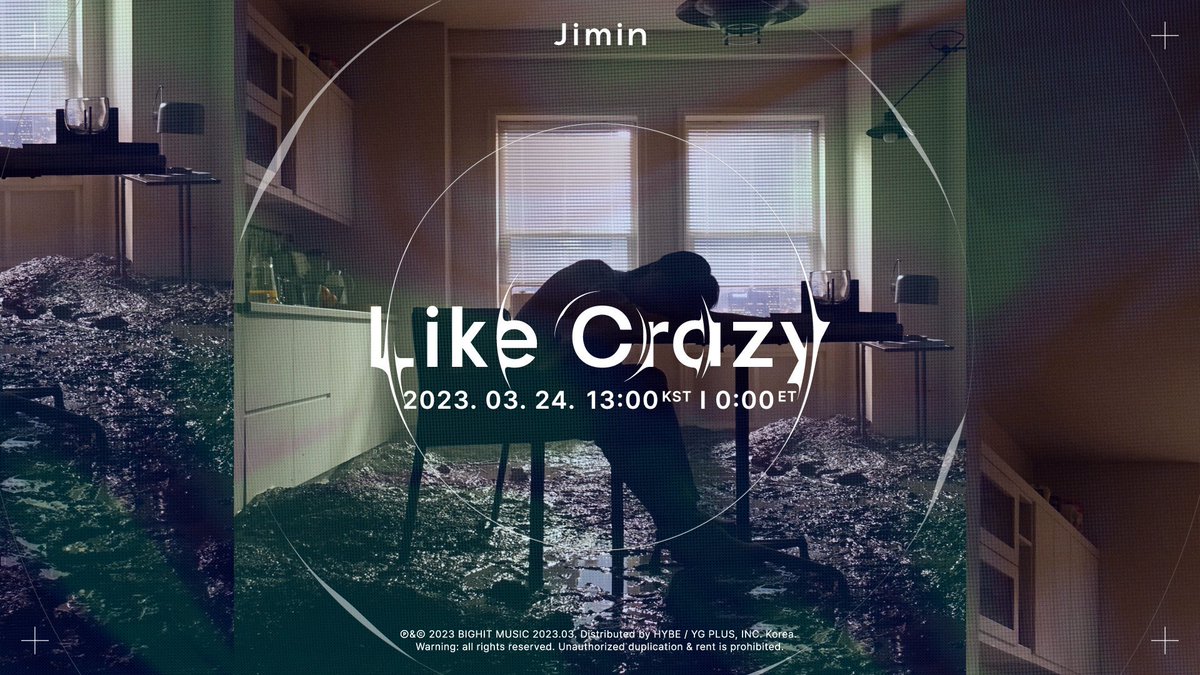 btschartdata's tweet photo. Premiere: 지민 (Jimin) 'Like Crazy' Official MV https://t.co/Vb7VwJdC2u https://t.co/5EMYkcm4hy