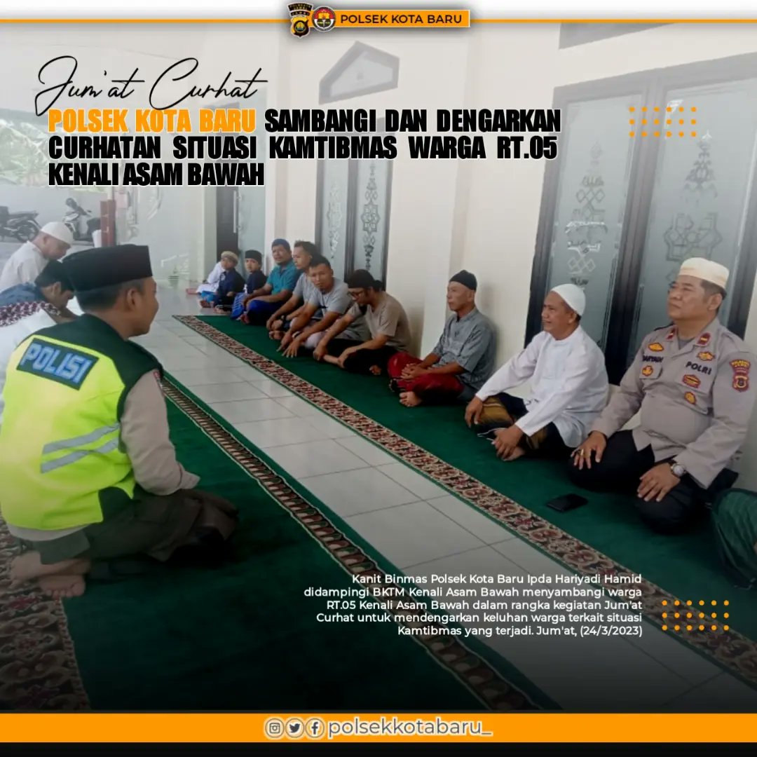 no_commentlah's tweet photo. Kanit Binmas Polsek Kota Baru Ipda Hariyadi Hamid didampingi BKTM Kenali Asam Bawah menyambangi warga RT.05 Kenali Asam Bawah dalam rangka kegiatan Jum'at Curhat untuk mendengarkan keluhan warga terkait situasi Kamtibmas yang terjadi. Jum'at, (24/3/2023)
.
#jumatcurhat https://t.co/rJuFC2pRUW