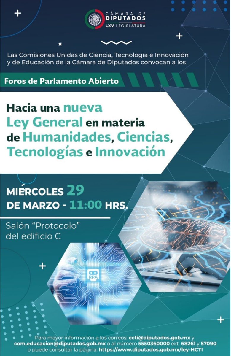 Comienzan los parlamentos abiertos     hacia una Ley General de Ciencia, Tecnología e Innovación. (Lo de humanidades es una ocurrencia)
