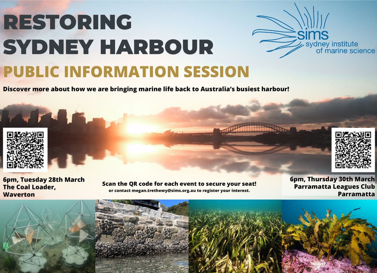 Info sessions in Sydney about @LivingSeawalls and Project Restore hosted by @SydneyMarine Come along to learn about how we are restoring multiple habitats in Sydney Harbour