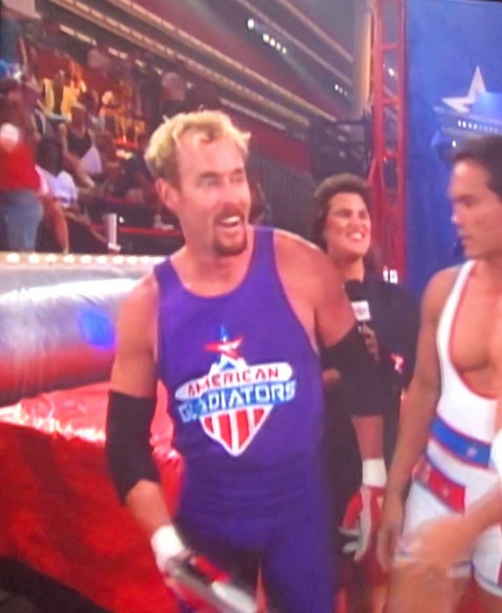 He isn't credited for it but John C. McGinley competed on American Gladiators. There is no point in sharing this other than it being cool as hell.