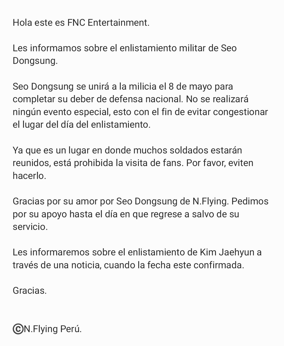 NFlyingperu_'s tweet photo. [NOTICIA]

Sobre en enlistamiento militar de Seo Dongsung.

[@NFlyingofficial #nflying #엔플라잉 #エヌフライング #NFia #서동성 #SeoDongsung] https://t.co/CEEKljOB33