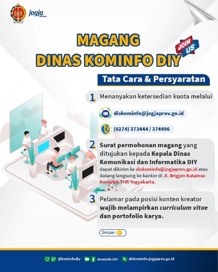 KampusUpdate's tweet photo. Siapa yang cita-citanya magang di Dinas Kominfo DIY?😎

Dinas Kominfo DIY kembali membuka penerimaan magang bagi kamu yang berminat. Ada baiknya kamu melihat bidang-bidang di Dinas Kominfo DIY melalui website dinas agar tau bidang yang akan dituju.

#KUJobs https://t.co/zCXfebXz03