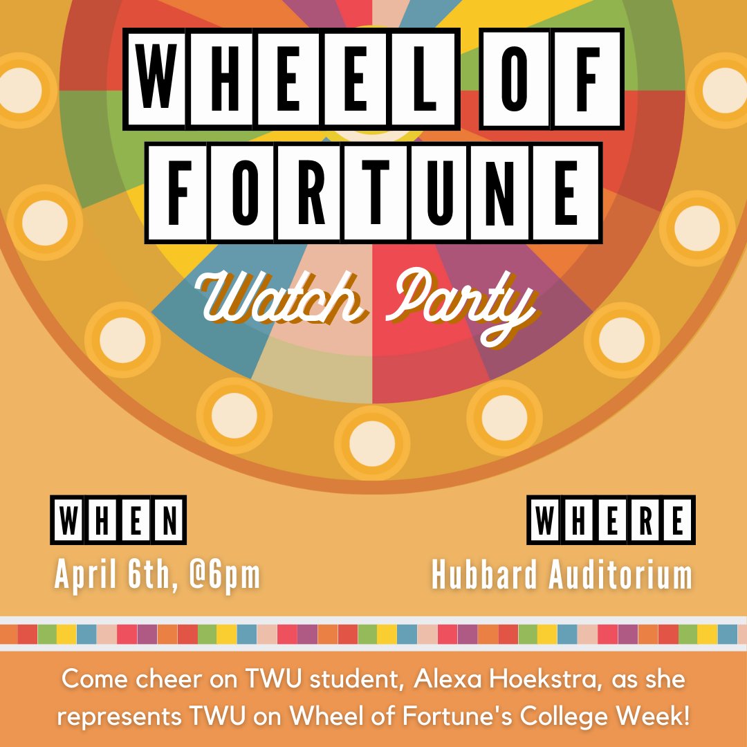 twucsd's tweet photo. Come cheer on TWU student, Alexa Hoekstra, as we watch her spin the wheel on Wheel of Fortune! Alexa will be representing Texas Woman's University on Wheel of Fortune's College Week. Let's eat cookies, win some prizes, and do our best to guess the puzzles! #TWUEvents https://t.co/0BBRgnP1gA