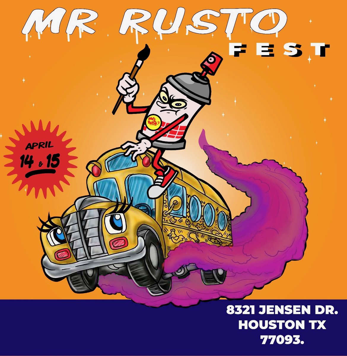 MrRusto's tweet photo. COME MEET MR. RUSTO AT HIS ANNUAL EVENT
RUSTO FEST: 2023 
APRIL 14 &amp; 15
8321 Jensen Drive 
Houston, Texas 77093
#usa #texas #texaslife #TX #houston #houstontx #houstontexas #houstonphotographer #houstontexas #houstontexasbaby #art #graffitti #graffittiverse #graffitiart https://t.co/9aLE12Dq68