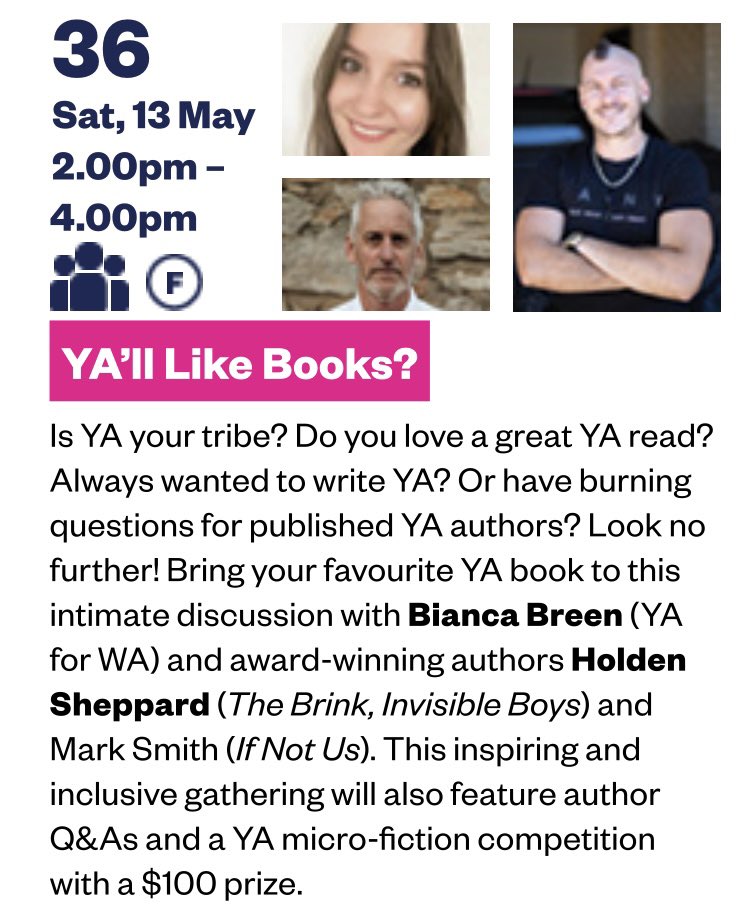 Bianca Breen (@bianca_breen) on Twitter photo So excited to announce I’m taking part in this year’s Margaret River Readers and Writers Festival! 😍🎉
I’m chatting to <a href="/V8Sheppard/">Holden Sheppard has moved to IG & BSKY 🇦🇺😎💪</a>, then hosting a fun YA event for the young booklovers in our state’s south with Holden and @marksmith0257 📚✨
Program: adobe.ly/3z5Llud So excited to announce I’m taking part in this year’s Margaret River Readers and Writers Festival! 😍🎉
I’m chatting to <a href="/V8Sheppard/">Holden Sheppard has moved to IG & BSKY 🇦🇺😎💪</a>, then hosting a fun YA event for the young booklovers in our state’s south with Holden and @marksmith0257 📚✨
Program: adobe.ly/3z5Llud