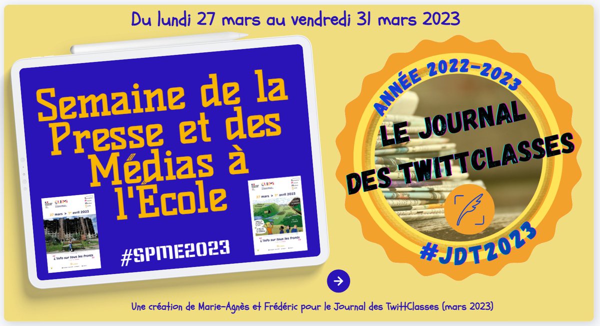 JdTwittclasses's tweet photo. A partir de  lundi prochain, le Journal des TwittClasses vous propose des activités quotidiennes à l'occasion de la Semaine de la Presse et des Médias à l'École. #SPME2023 #JdT2023 #EMI

➡️ Du lundi 27 mars au vendredi 31 mars 2023. https://t.co/AcP9jAbcaE