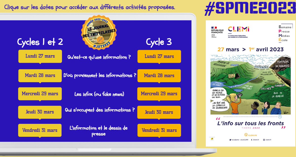 A partir de  lundi prochain, le Journal des TwittClasses vous propose des activités quotidiennes à l'occasion de la Semaine de la Presse et des Médias à l'École. #SPME2023 #JdT2023 #EMI

➡️ Du lundi 27 mars au vendredi 31 mars 2023.