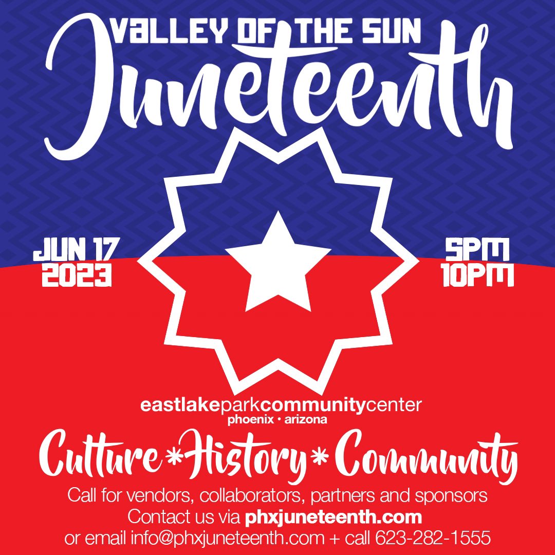 PHXJuneteenth's tweet photo. The Valley of the Sun Juneteenth Celebration will be held at Eastlake Park June 17th in Phoenix. With community booths, food vendors and stage performances. Apply now! https://t.co/Ku48ngRq44 https://t.co/XqREc3xdhf