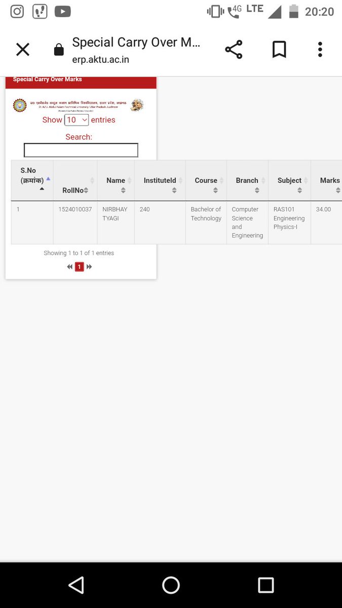 Dear Sir, my spacial carryover marks are uploaded but my devision and percentage is not awarded.please update my result on one view.other  wise I will lose my job . Please help me 🙏🙏 for updating my result on urgent basis.
My Roll Number is 1524010037. 
Course Name - BTECH( CS)