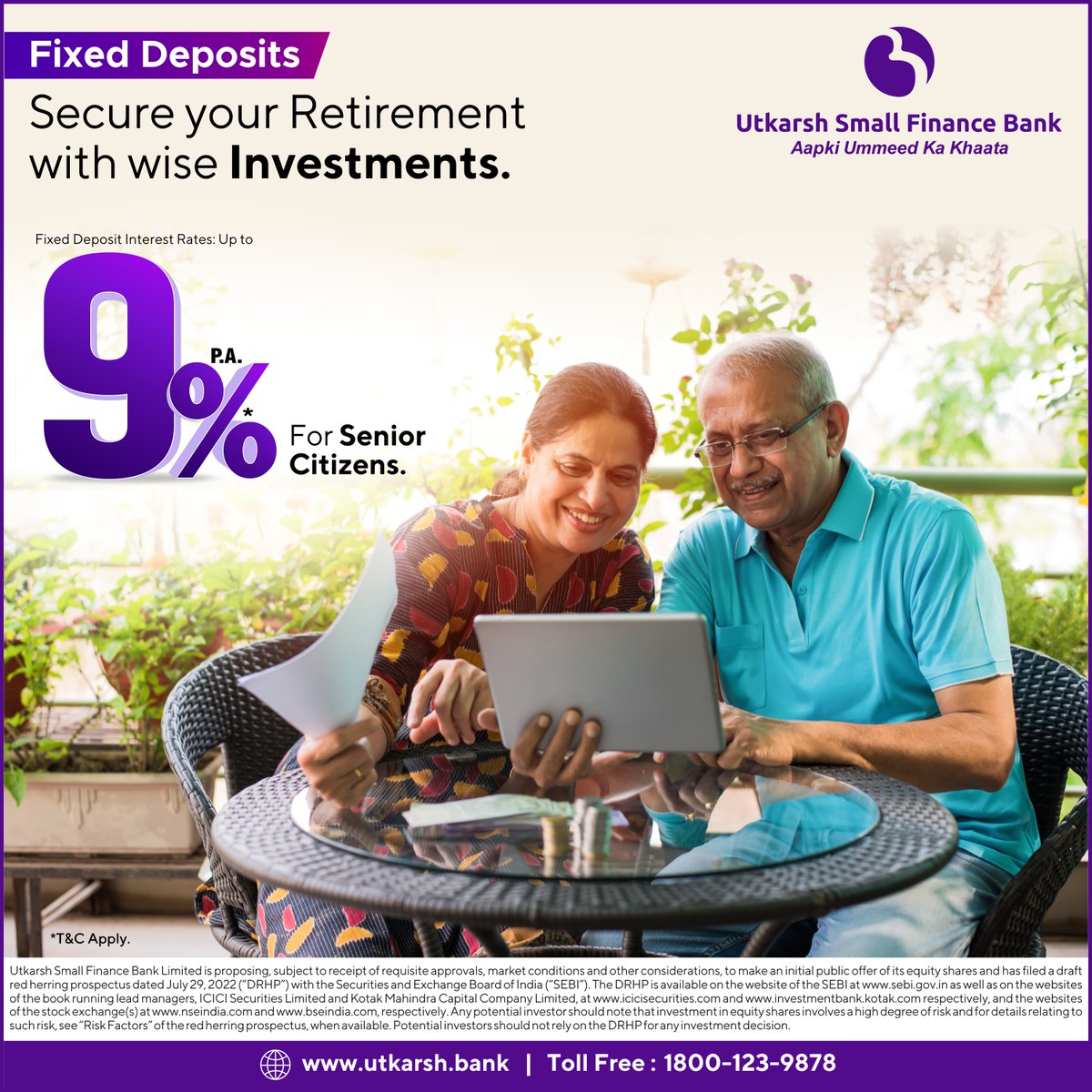 Utkarshsfbl's tweet photo. Grow your money Hassle-free with our senior citizen’s fixed deposits! Let your retirement savings be the best thing you ever did. 

#FixedDeposits  #SeniorCitizens #Utkarsh #Utkarshsmallfinancebank https://t.co/OBetcOmXmj