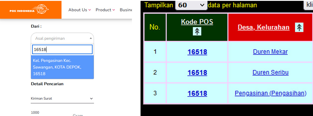 brandideology's tweet photo. @PosIndonesia ok min. ada perbedaan data dari 2 web diatas. jika input 16518, hanya muncul pengasinan, 2 data kelurahan lainnya tdk muncul, mungkin krn kode pos berubah. https://t.co/07NGab0bHr