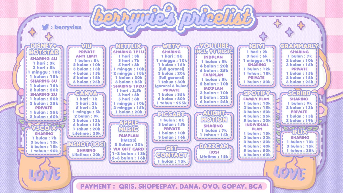 berryvies's tweet photo. @Masyarvakat 🫐SPECIAL PROMO 24 - 26 MARET🫐

Microsoft 365 invite 1 bln 8k
Canva 1 thn 10k
[ VIU 1 thn 15k ]
Spotify fam 2 bln 13k
VSCO X 1 thn 15k
Picsart priv 3 bln 15k
Grammarly priv 1 bln 10k                      
HBO Go priv 1 bln 50k

bole tanya" dluu ke dm/wa aku yaa link di bio💜 https://t.co/HzRvG9nKN8