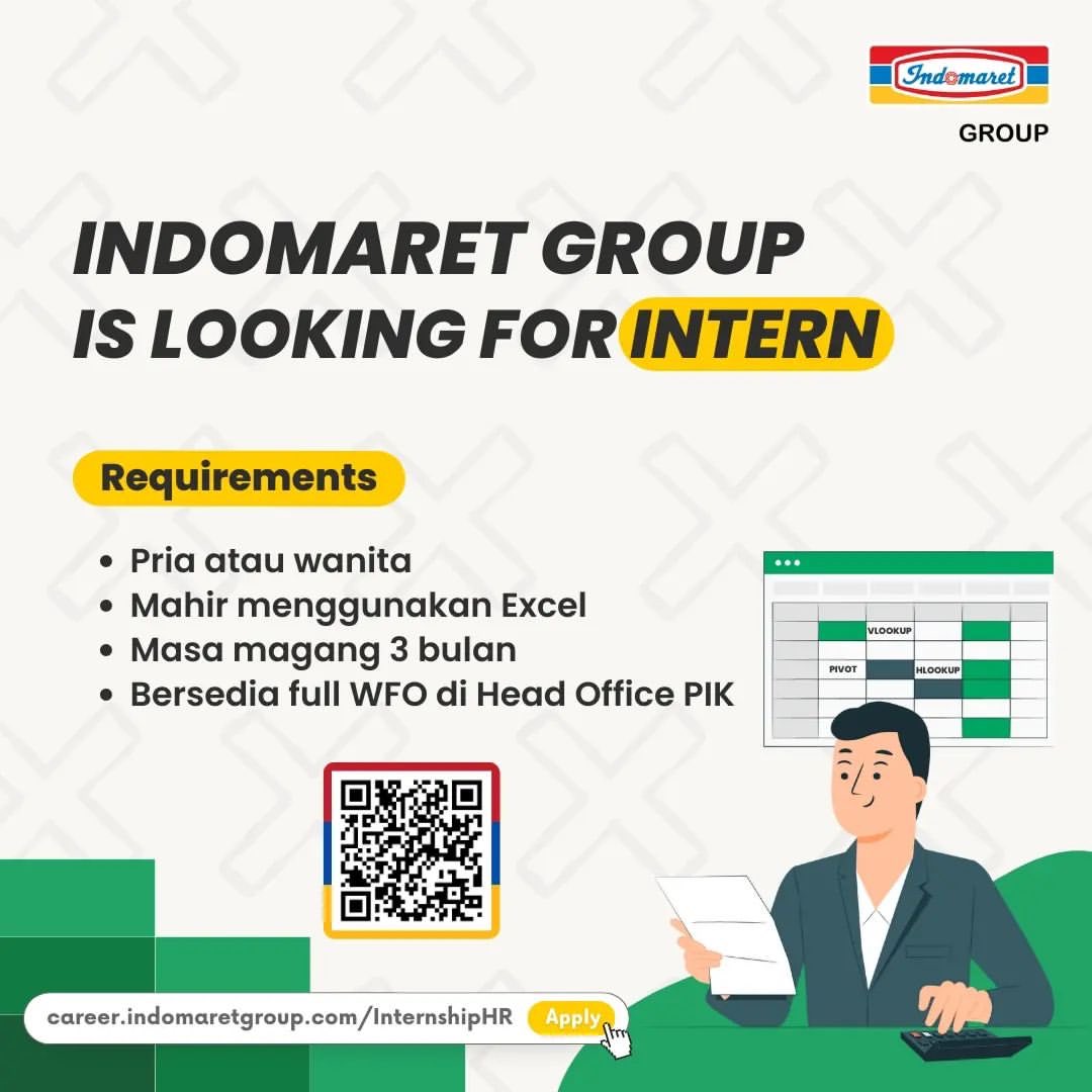 KampusUpdate's tweet photo. Teman-teman yang ingin menjadi intern Indomaret Group dan memiliki kemampuan sangat baik dalam menggunakan Excel, pas banget nih ada loker magang untukmu! 

Silakan langsung apply di https://t.co/86W94PadE4 atau scan QR code di post ini yaa!

#KUJobs https://t.co/nZThr2IZaw