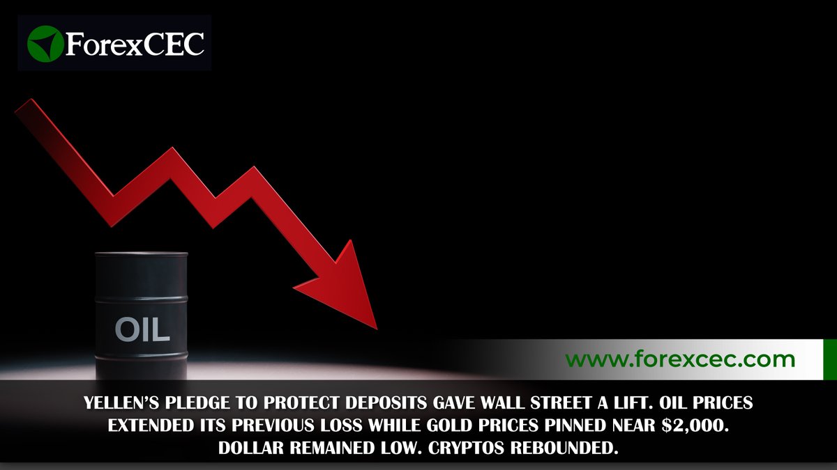 ForexCEC's tweet photo. Yellen's pledge to protect deposits fuels bullish close on Wall Street.
Oil prices tumbled. Gold prices pinned near key levels.
Dollar steadied. Cryptos bounced back.

👉Read more
https://t.co/l94XGvT1P4

➡️Trade now at #𝑭𝒐𝒓𝒆𝒙𝑪𝑬𝑪
https://t.co/7PIXUdVTKj

#marketnews https://t.co/eHxZ8afxVk