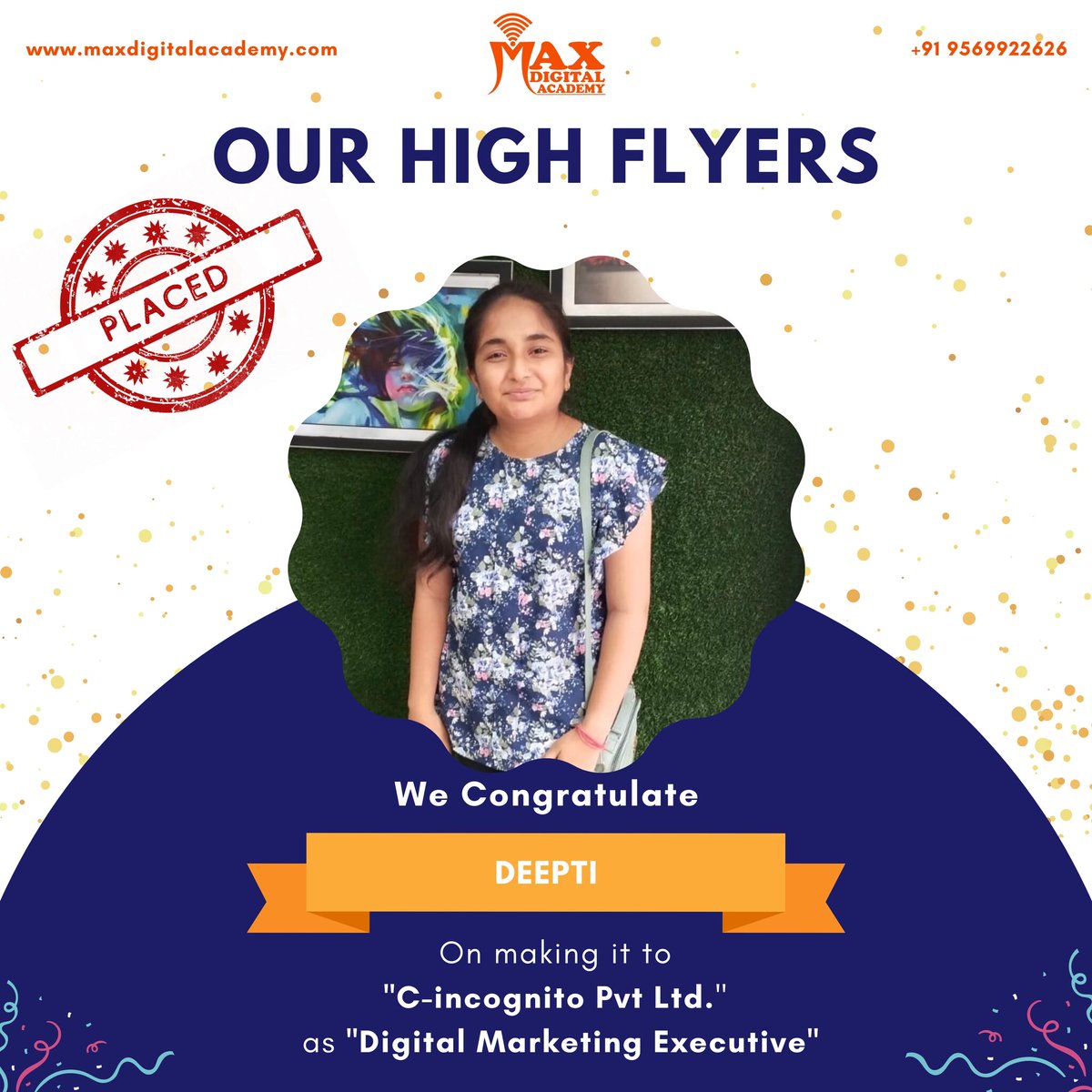 MaxDigitalAcad1's tweet photo. Congratulations to our student Deepti on making it to C-incognito Pvt Ltd. as Digital Marketing Executive.ππ
Team Max Digital Academy wishes this music lover a great and successful career ahead with a healthy life.
#jobplacement #maxdigitalacademy #growwithmda #mdaplacements https://t.co/L55f88DqwB