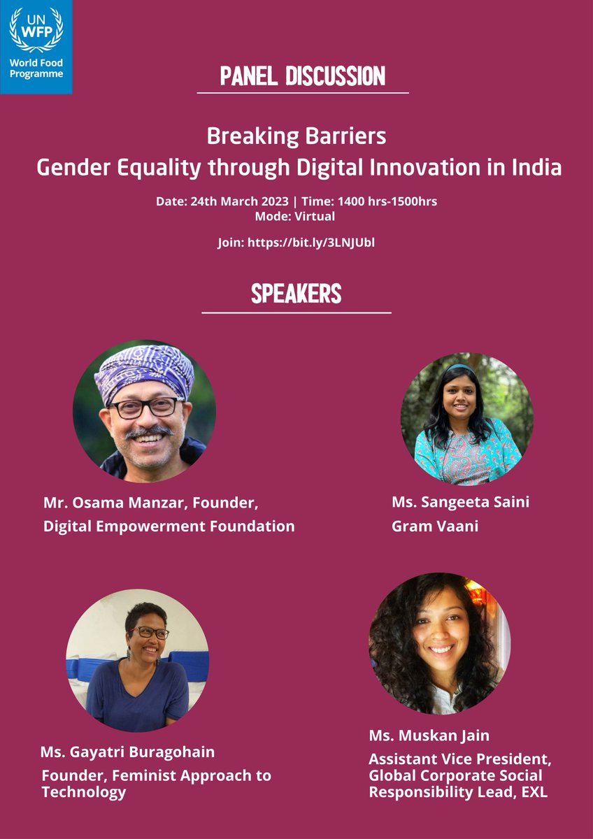 Happening today: Panel Discussion Breaking Barriers Gender Equality through Digital Innovation in India hosted by <a href="/UNWFP_India/">World Food Programme in India</a> 
🗓️24 March 2023 🕒 2 PM- 3 PM Speakers: <a href="/OsamaManzar/">OsamaManzar</a> <a href="/BigGayatri/">Gayatri Buragohain</a> <a href="/MissyJain12/">Muskan Jain</a> &amp; Sangeeta Saini <a href="/GramVaani/">Gram Vaani</a> 
Join: bit.ly/3LNJUbl@unwome… <a href="/WFP/">World Food Programme</a> <a href="/UNinIndia/">United Nations in India</a>