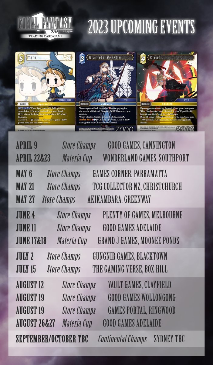 FFTCGAUS's tweet photo. Afternoon JRPG protagonists.

I've dates/venues of Store Champs + Materia Cups for ANZ

As dates get close, reach out to venues to check pre-reg options, start times + entry fees.

Have a great weekend!

#FFTCG
#finalfantasy
#OrganisedPlay
#StoreChamps
#MateriaCup https://t.co/Zk2BqKsVZn