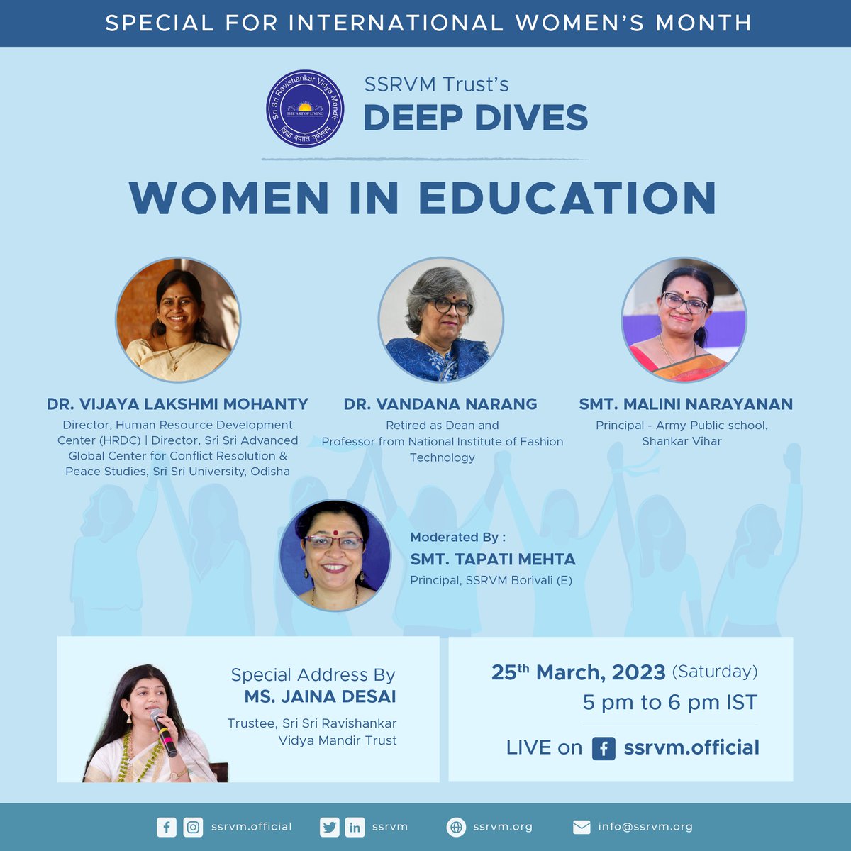 ssrvm's tweet photo. SSRVM invites you to deep dive into a special discussion for International Women’s Month on 'Women in Education' with experts from the field of education.
Join us LIVE on 25th March, 2023 (Saturday), 5 pm IST at https://t.co/mF59j57Quj
#EducationMatters #SSRVMDeepDives #Education https://t.co/kEfC9K5EsE