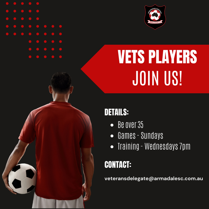 The VETS league is about to kick off and we are looking for extra players.
If you are:
⚽ Over 35
⚽ Can play on a Sunday
⚽ Available to train on Wednesday's at 7pm
contact Mike via veteransdelegate@armadalesc.com.au 
Come down this Wednesday evening and see what we are doing!