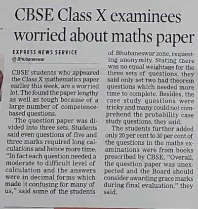 payoja02's tweet photo. This is the first thing i saw when i woke up and i got extremely happy because atleast somebody cared to publish. I appeared my class 10th CBSE boards examination few days back and the maths paper is something to talk about.
@cbseindia29 @dpradhanbjp @CMO_Odisha https://t.co/UBRsTj3vt4