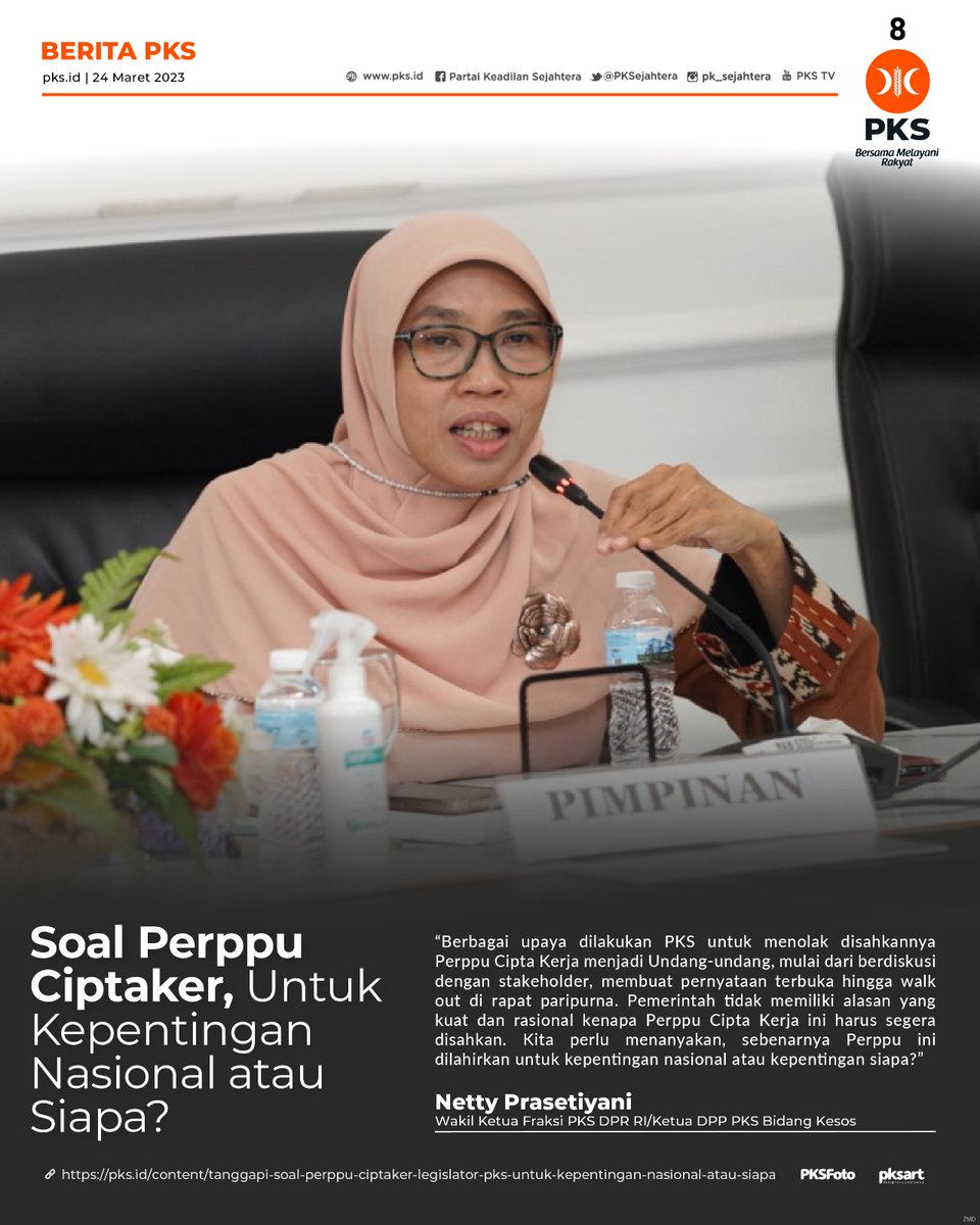 Tanggapi Soal Perppu Ciptaker, Legislator PKS: Untuk Kepentingan Nasional atau Siapa?

“Pemerintah tidak memiliki alasan yang kuat dan rasional kenapa Perppu Cipta Kerja ini harus segera disahkan.”  ~<a href="/netty_heryawan/">Netty Prasetiyani Aher</a>

pks.id/content/tangga…