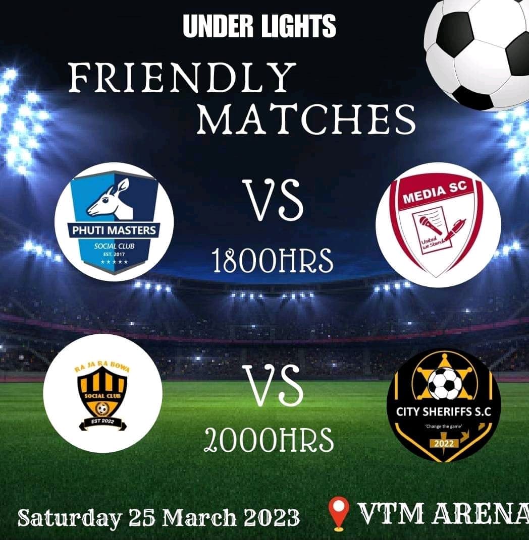 This Saturday we will be back VTM Arena

@vtmfc vs @notwanefc
Kick Off : 1600 hrs

Phuti Masters vs Media SC
Kick Off : 1800 hrs

@rajarabowasc vs City Sheriffs
Kick Off : 2000 hrs

Entertainment by Slizer One Time

Ta o phatole le rona