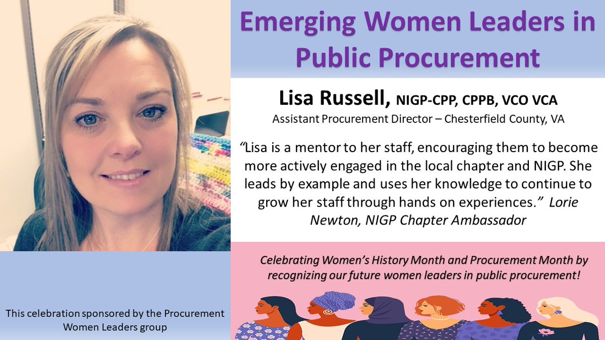 MarchetaG1's tweet photo. Representing VA and its long history of producing great women leaders, today we celebrate Emerging Woman Leader in Procurement, Lisa Russell!
#womeninprocurement #procurement #MarchIsProcurementMonth #WomensHistoryMonth https://t.co/KlZ6mku7MX