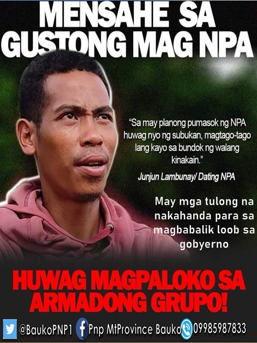 PNPBauko1's tweet photo. βWAKASAN ANG 54- TAON NA TERORISTA AT KARAHASAN NG NPAβ
May mga tulong na nakahanda para sa magbabalik loob sa gobyerno..
#supporteclip
#π³ππππππ©ππππππππ
#π»ππππππ»ππππππ»πππ
#π·π΅π·π²πππππππ΅ππ
#sharethetruthsavethefuture https://t.co/7kvSLqMx27