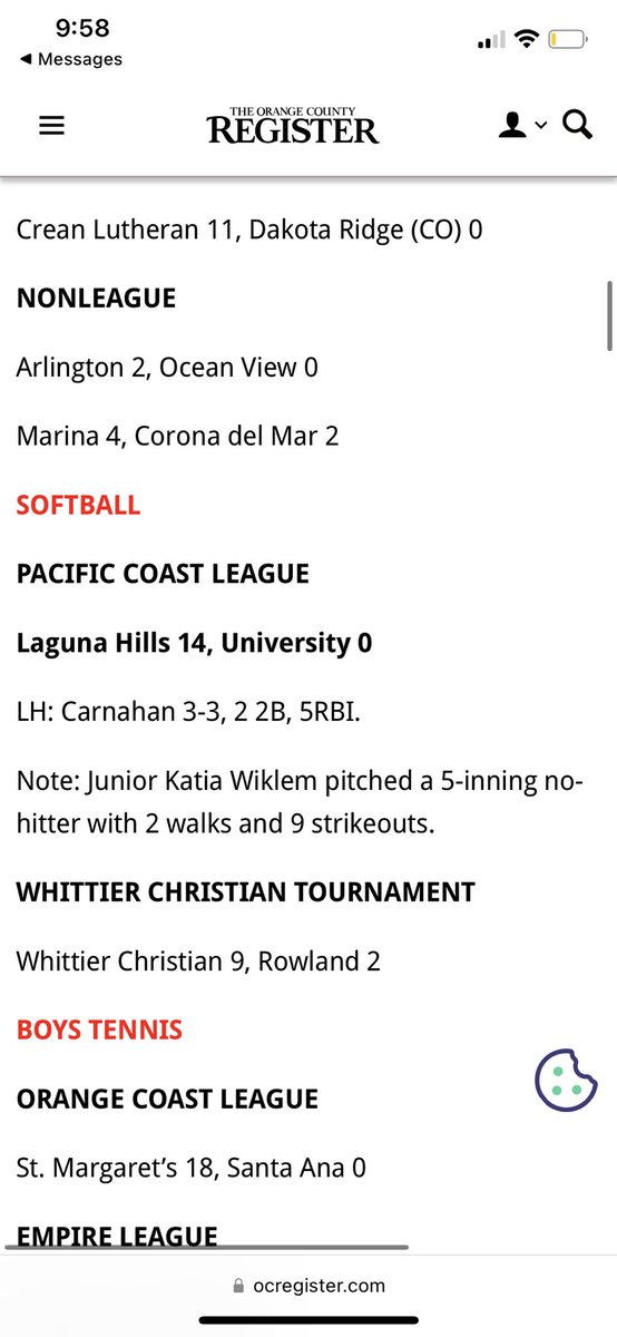 Katiawiklem's tweet photo. Mentioned in the newspaper this week! I am currently ranked 6th in orange county for strikeouts! Also pitched my first no hitter of the season today! @SoftballLh @psuviksSB @BC_Softball @Delaware_SB @wwuowlsSB @Hampton_SB @CalPolySoftball https://t.co/cW4xHQWZAr
