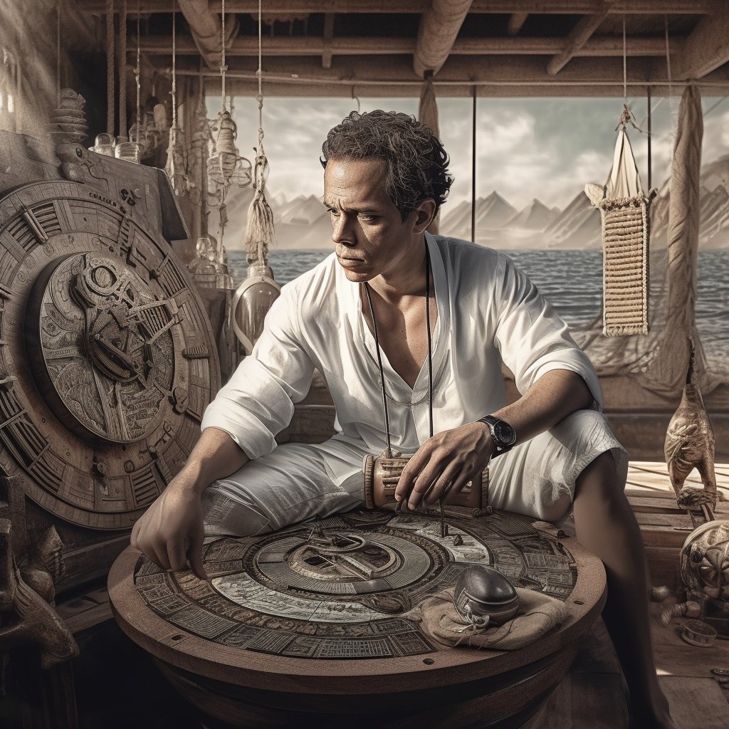 CaptainMoyni's tweet photo. The best solo navigator and original creator of the Antikythera Mechanism. Long forgotten in time he sailed the world 3 times. His protypes deciphering the long forgotten art of calculating earths procession. Clantatho Genis 15,876 BCE #AI #midjourney #sailing #ancientapocalypse https://t.co/Vl10l7yfaR