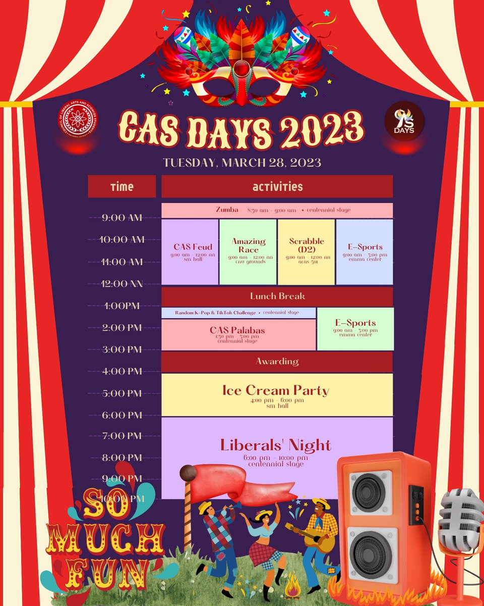 cnuclass_off's tweet photo. 𝐀𝐑𝐄 𝐘𝐎𝐔 𝐑𝐄𝐀𝐃𝐘 𝐅𝐎𝐑 𝐓𝐇𝐄 𝐆𝐑𝐄𝐀𝐓𝐄𝐒𝐓 𝐒𝐇𝐎𝐖?

Below are the events lined up for the two-day extravaganza known as CAS DAYS 2023!

We’re rolling our way there, so better break a leg and bring the beacon for your troupes, Liberals! https://t.co/BPPWbgpETB