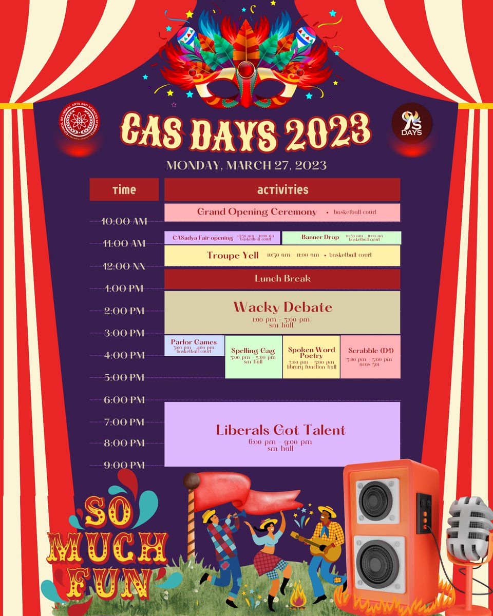 cnuclass_off's tweet photo. 𝐀𝐑𝐄 𝐘𝐎𝐔 𝐑𝐄𝐀𝐃𝐘 𝐅𝐎𝐑 𝐓𝐇𝐄 𝐆𝐑𝐄𝐀𝐓𝐄𝐒𝐓 𝐒𝐇𝐎𝐖?

Below are the events lined up for the two-day extravaganza known as CAS DAYS 2023!

We’re rolling our way there, so better break a leg and bring the beacon for your troupes, Liberals! https://t.co/BPPWbgpETB