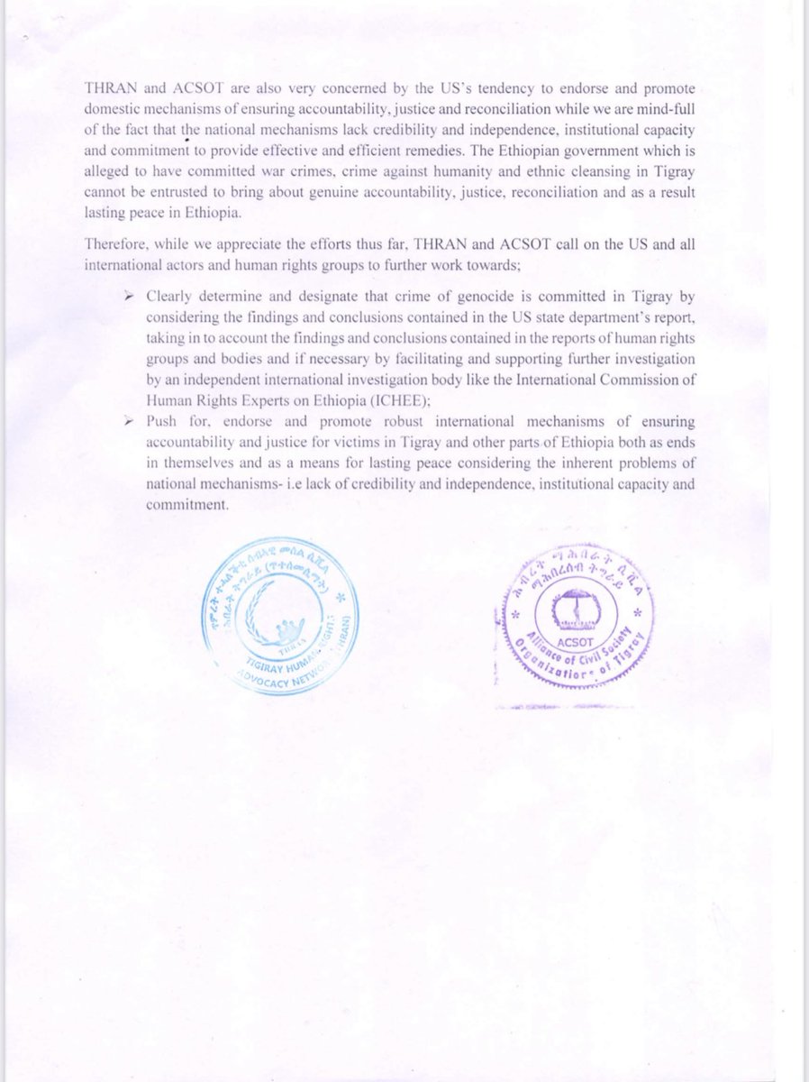 Tigray Human Rights Advocacy Network, a network of about 20 rights-based local CSOs in Tigray &amp; Alliance of CSOs in Tigray, a consortium of more than 70 CSOs, called on <a href="/StateDept/">Department of State</a> to recognize the #TigrayGenocide &amp; to support critical international justice mechanisms. <a href="/SecBlinken/">Secretary Antony Blinken</a>
