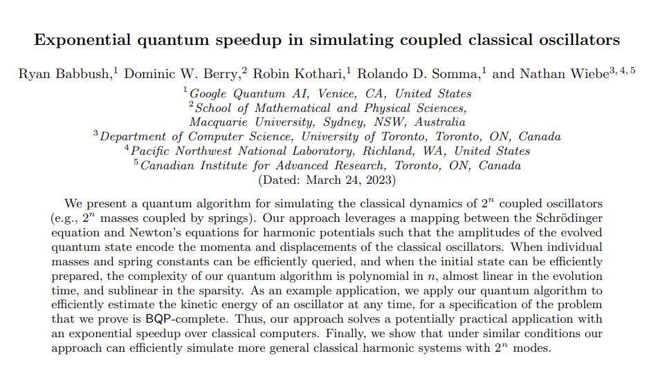 New paper with Ryan Babbush, <a href="/DominicWBerry/">Dominic Berry</a>, Rolando Somma, and Nathan Wiebe: An exponential quantum speedup for a classical problem about simulating exponentially many classical oscillators (e.g., masses connected by springs).
arxiv.org/abs/2303.13012
scirate.com/arxiv/2303.130…