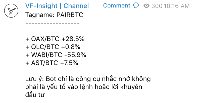 Nếu bạn là 1 trader, ko tự xác định được trend, thì mình có làm ra 1 con Bot như dưới. Khi nào có 1 con +15% thì Bot sẽ báo nguyên 1 list trending đi kèm. 
Bot làm ko phải free, mỗi tháng vẫn phải đóng tiền server cho nó HĐ. Nhưng các bạn t.me/VFVentures