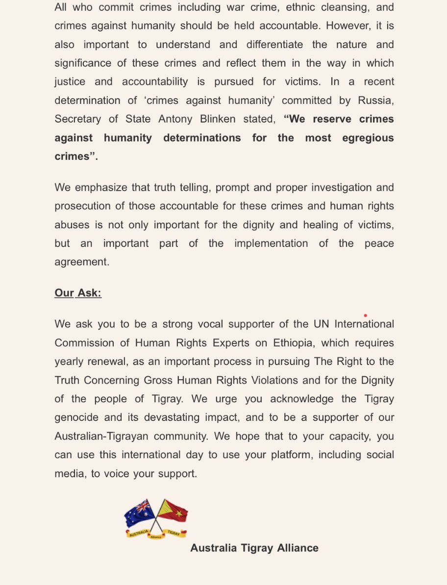 On this day, <a href="/AusTigrayAlly/">Australia Tigray Alliance</a> have asked me to raise the ongoing war in Tigray. The world needs to know and take action. More details here: