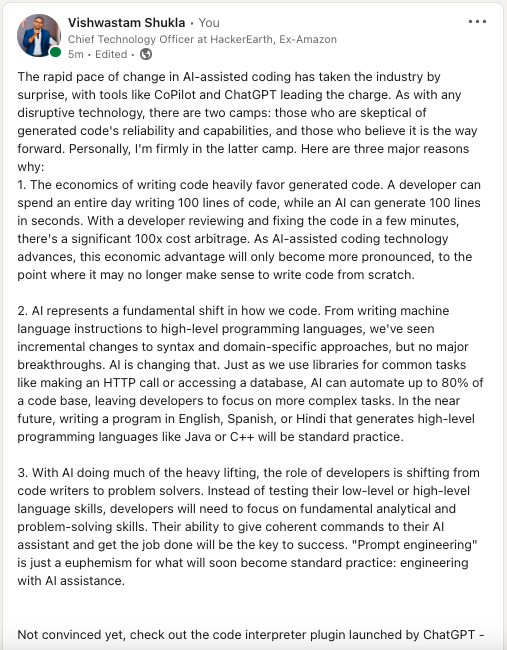 My thoughts on AI generated code and future of software development skills 👇