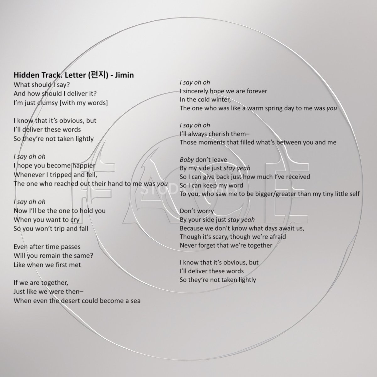 Letter (편지) - Jimin (<a href="/BTS_twt/">방탄소년단</a>) English Lyric Translation🤍🌊

this hidden track is absolutely beautiful i've already cried multiple times the sea and spring day references🥹it's jimin's letter to us<3