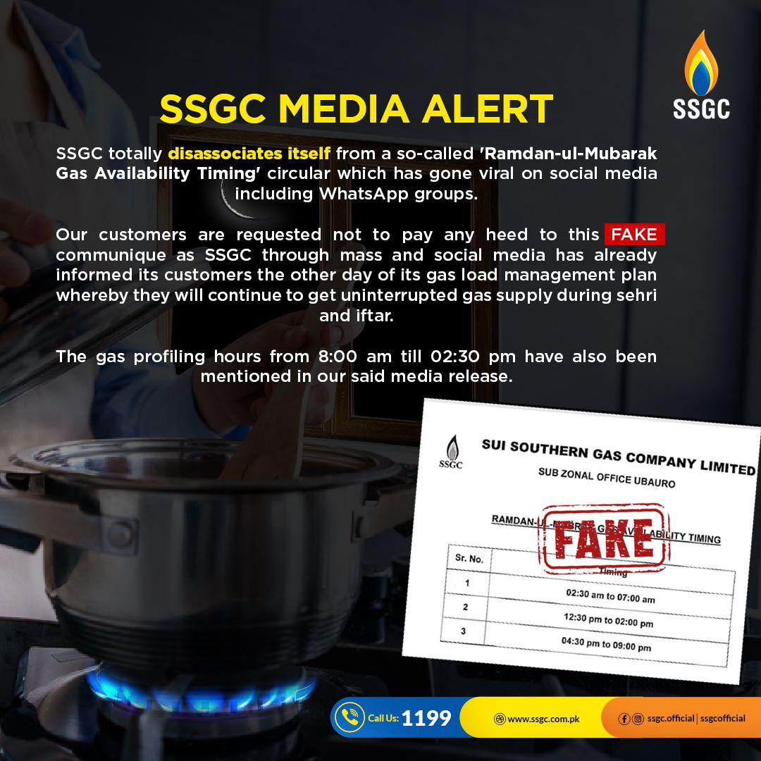 SSGC_Official's tweet photo. SSGC disassociates itself from a fake communique circulating in social media on gas availability timings during Ramadan. Sui Southern Gas Company Ltd. - SSGC #Ramadan https://t.co/4TvcJ0OcVA