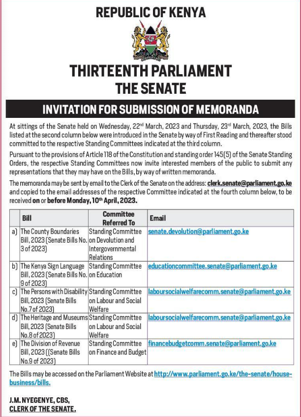 MzalendoWatch's tweet photo. The @Senate_KE invites members of the public to submit their views on the following five Bills:
1. Kenya Sign Language Bill (Senate Bills No. 9 of 2023)
2. The Persons with Disabilities Bill (Senate Bills No. 7 of 2023)
#PublicParticipationKE
#Dokeza https://t.co/86iz6R2O7W