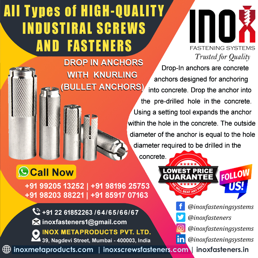 inoxfasteners's tweet photo. INOX FASTENING SYSTEMS
Trusted for Quality
All Types of Industrial Screws and Fasteners 
📲+91 99205 13252 | +91 98196 25753 | +91 98203 88221 |+91 85917 07163
📧 inoxfasteners1@gmail.com 
🌐 https://t.co/52lYXJGJc3
DROP IN ANCHORS WITH  KNURLING (BULLET ANCHORS)
#inoxfasteners https://t.co/bJLm6MkLAl