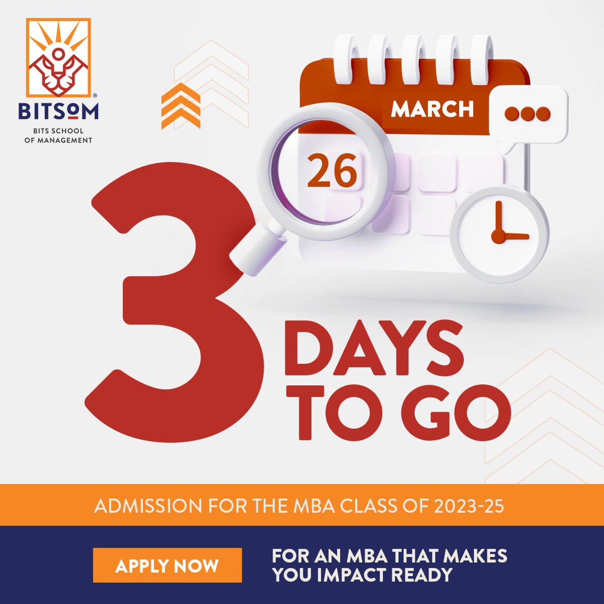 bitsom_edu's tweet photo. Time is running out!

The deadline for the MBA admission for the Class of 2023-25 is just around the corner. Don't miss your chance to apply and take your career to the next level 🎓

Apply now!
https://t.co/vZsfufaJfv

#deadline #application #3daystogo #mba #bitsom #timetosubmit #mbaapplication #bschool #bschools #applynow #hurry #career