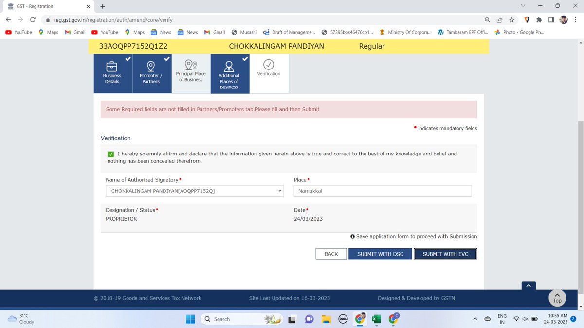 RanjithPandian7's tweet photo. Dear @Infosys_GSTN at the time of filing of form GST REG-14 for GSTIN: 33AOQPP7152Q1Z2 we are facing a issue that some required fields are not filled in partners/promoters tab. Please fill and then submit. 

But all fields are filled (screen shot attached), kindly resolve the it https://t.co/QkjkEYkV6t