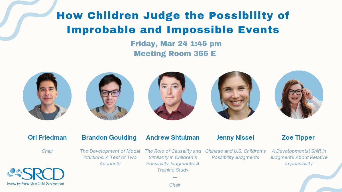 Zoe (@zoestudiespsych) on Twitter photo Trying to decide what talks to attend tomorrow?
Come check out our symposium on how children judge the possibility of improbable and impossible events with <a href="/Ori_Friedman/">Ori Friedman</a>, <a href="/andrewshtulman/">Andrew Shtulman</a>, Brandon Goulding, and Jenny Nissel 🧠
Meeting room 355 E @ 1:45 pm
#SRCD23 Trying to decide what talks to attend tomorrow?
Come check out our symposium on how children judge the possibility of improbable and impossible events with <a href="/Ori_Friedman/">Ori Friedman</a>, <a href="/andrewshtulman/">Andrew Shtulman</a>, Brandon Goulding, and Jenny Nissel 🧠
Meeting room 355 E @ 1:45 pm
#SRCD23