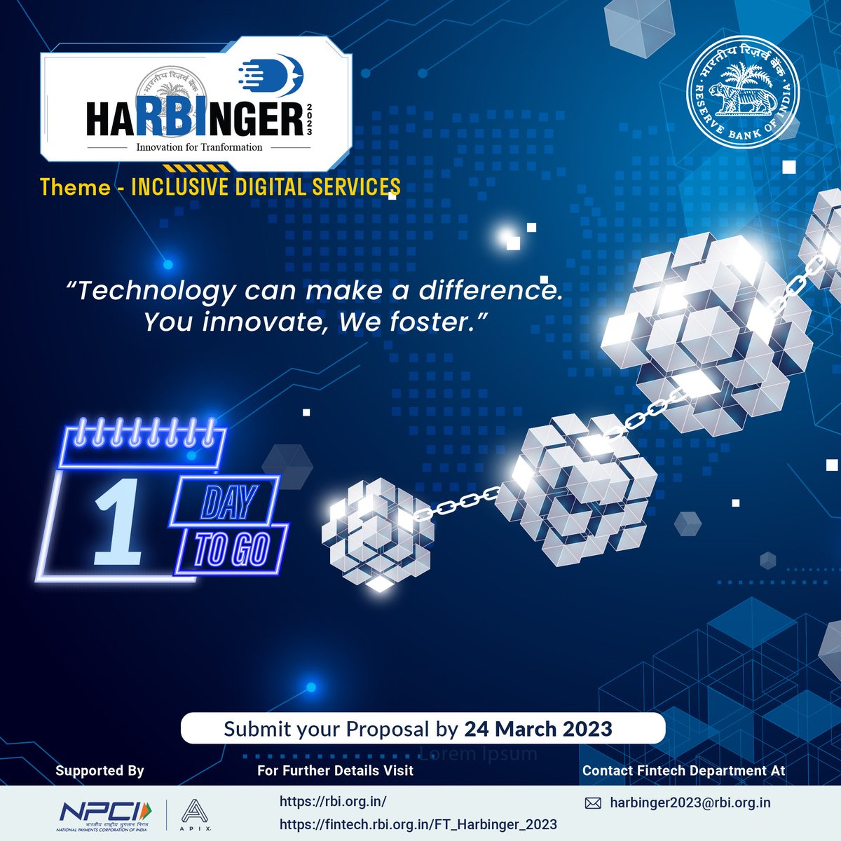 RBI's tweet image. Submit your proposal now at
hackolosseum.apixplatform.com/h1/harbinger20…
#harbinger2023 #rbihackathon #innovationfortransformation