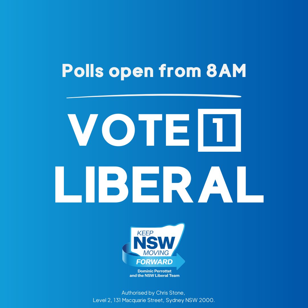 LiberalNSW's tweet photo. Polling places across NSW will open at 8AM tomorrow and close at 6PM.
#JustVote1Liberal to #KeepNSWMovingForward
#NSWPol #NSWVotes https://t.co/oW6365XV7L