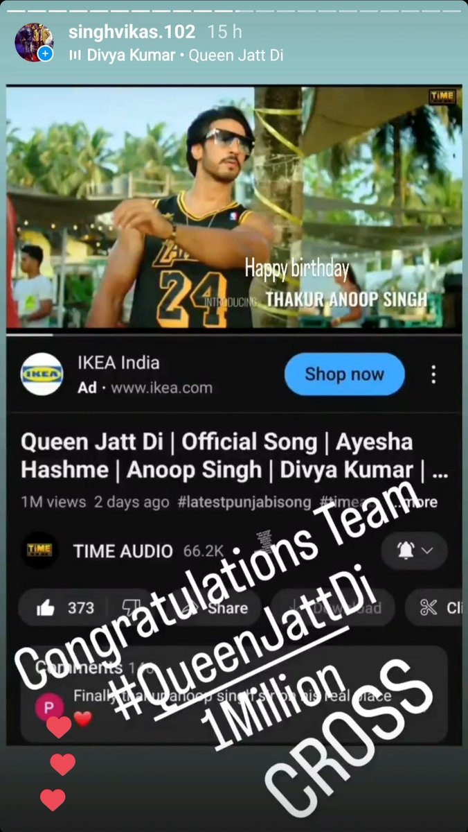 VikasVinodSing1's tweet photo. #QueenJattDi #Cross #1Million #views
congratulations Team #QueenJattDi
#DivyaKumar #Producer #AyeshaHashme #ThakurAnoopSingh #Director #VikasVinodSingh #DOP_ProjectHead #ShaktiIndoria #TimeAudio https://t.co/fsbC8XruH0