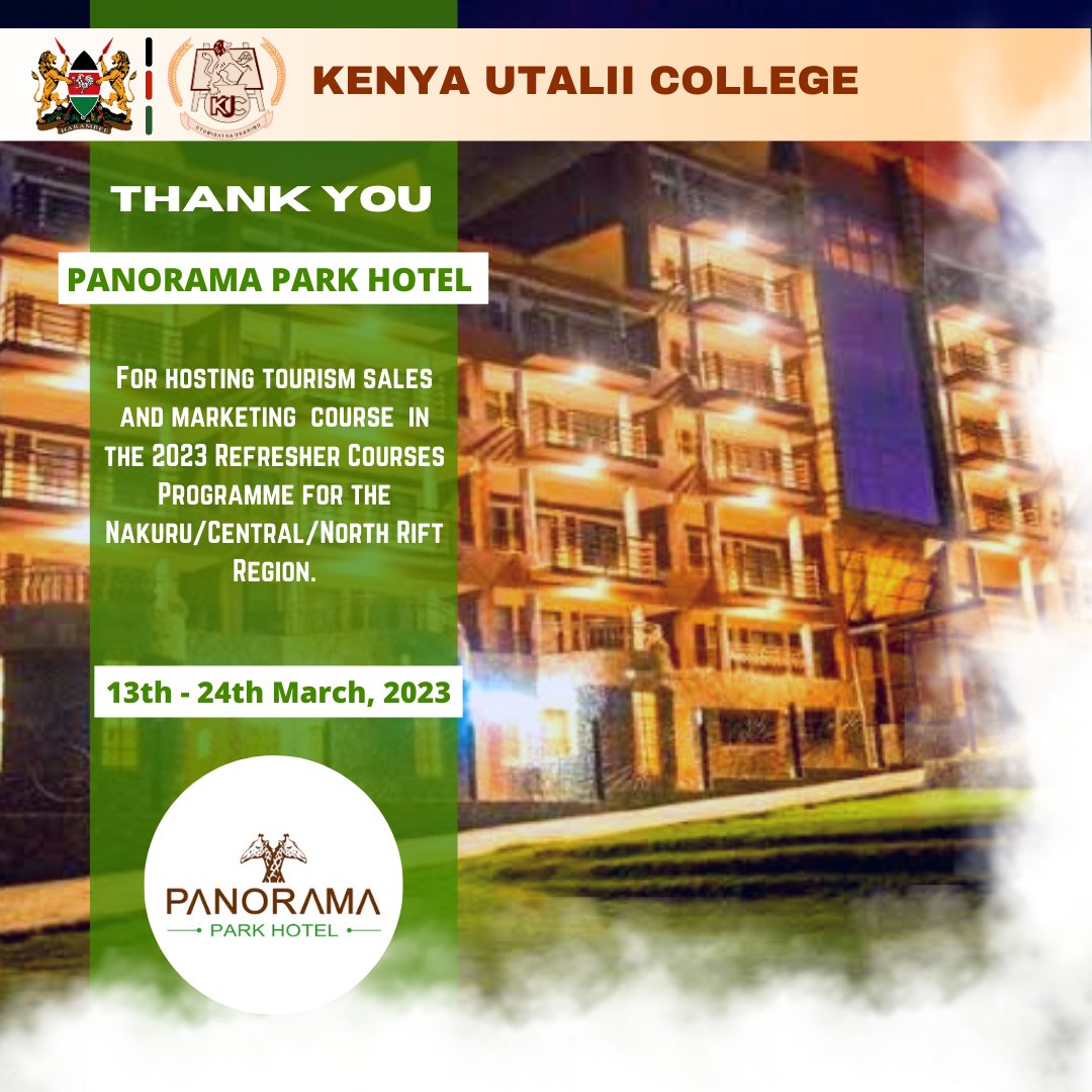 KenyaUtalii's tweet image. We are grateful to Panorama Park Hotel for hosting tourism sales and marketing course and accommodating our facilitators in the 2023 #RefresherCourses Programme for the Nakuru/Central/North Rift Region.

#hospitalitycareers #hospitalityindustry #utaliicollege